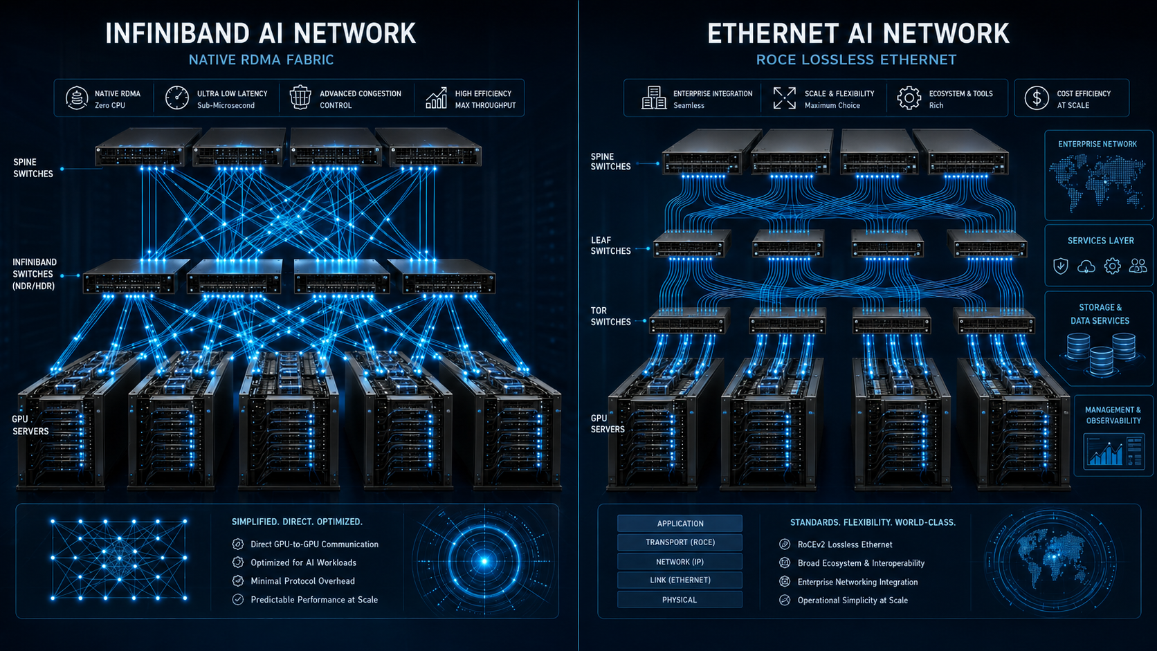 InfiniBand and RoCE Ethernet architectures for AI networks