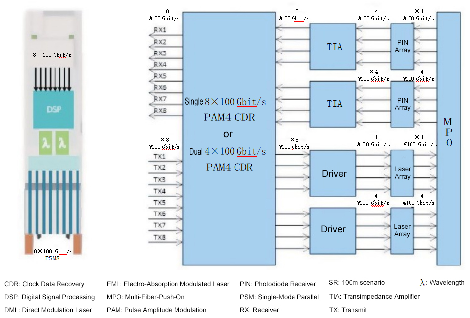 The technical solution for a 800Gbit/s SR(Short Range) scenario based on DML or EML.