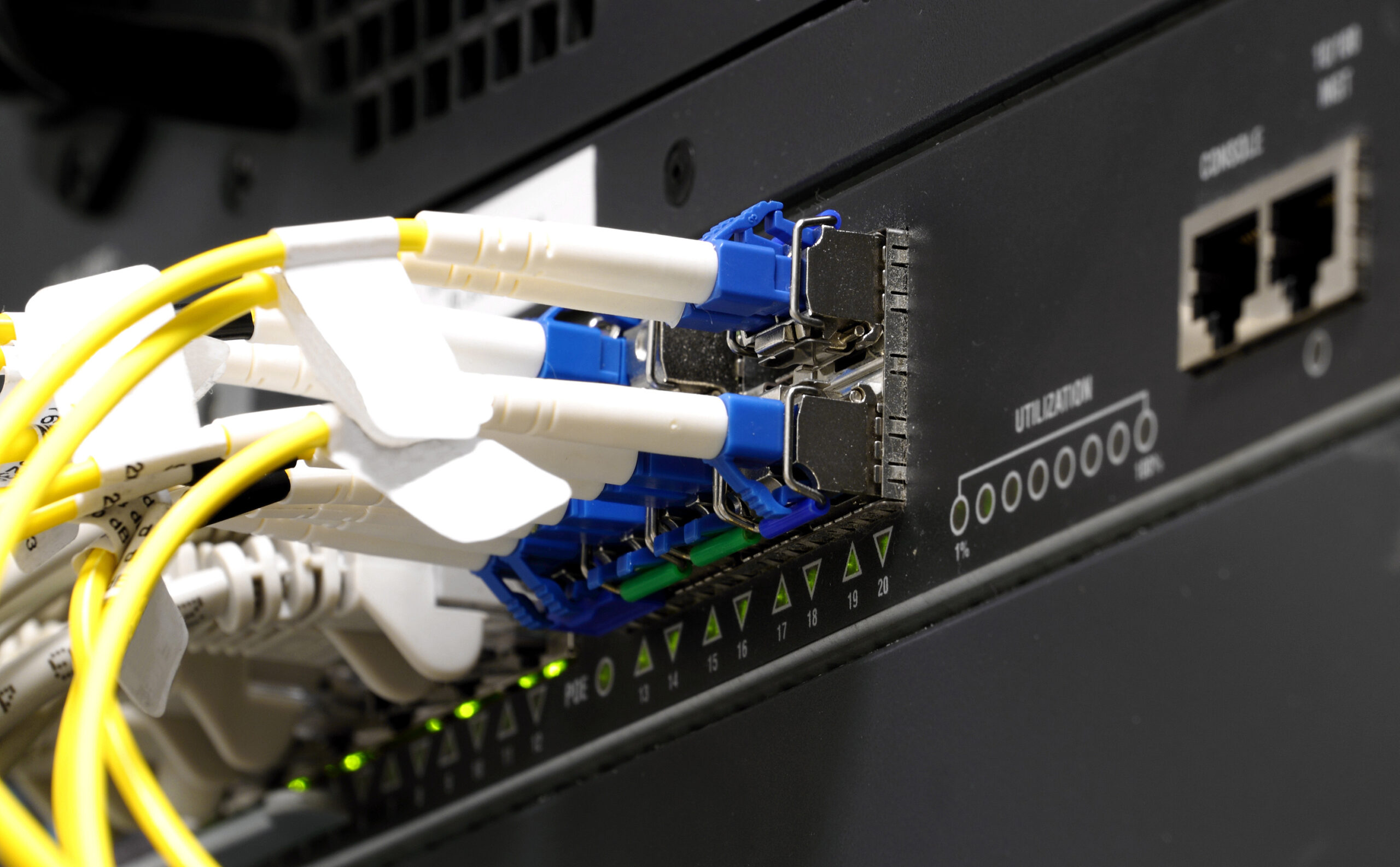 back side of switch with fiber optic SFP ports and LC connectors