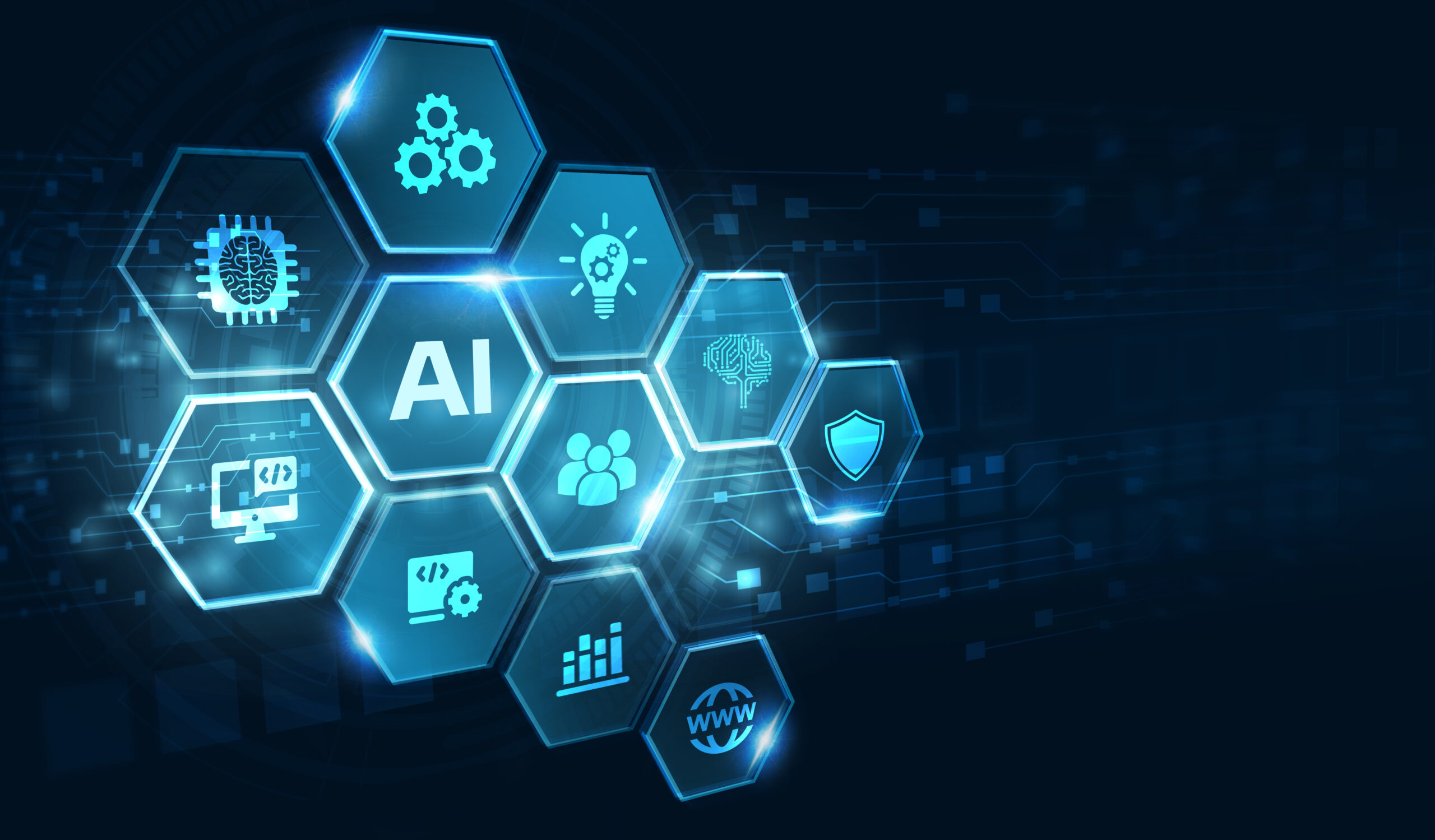 AI Learning and Artificial Intelligence Concept. Business, modern technology, internet and networking concept. 3D illustration