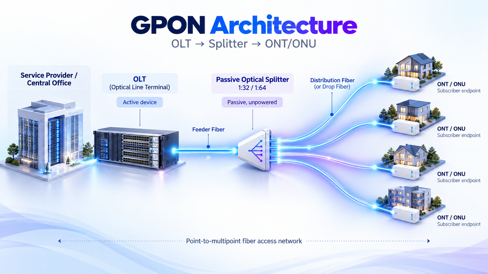 GPON Architecture: OLT, Splitter, and ONT