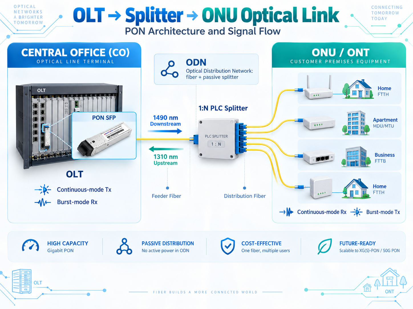 OLT → Splitter → ONU Optical Link